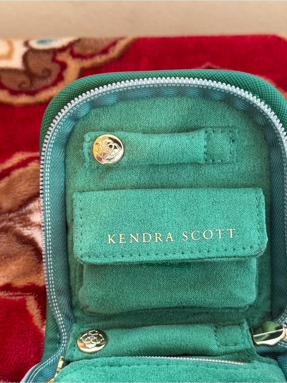 Kendra Scott Small Green Zip Travel Jewelry Case Organizer Gold Tone